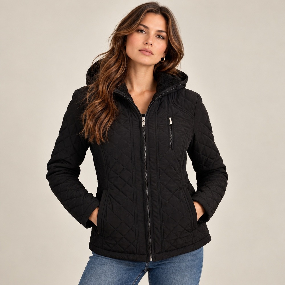 Laundry by Design Quilted Jacket Women M Black Hooded Puffer minimalist winter